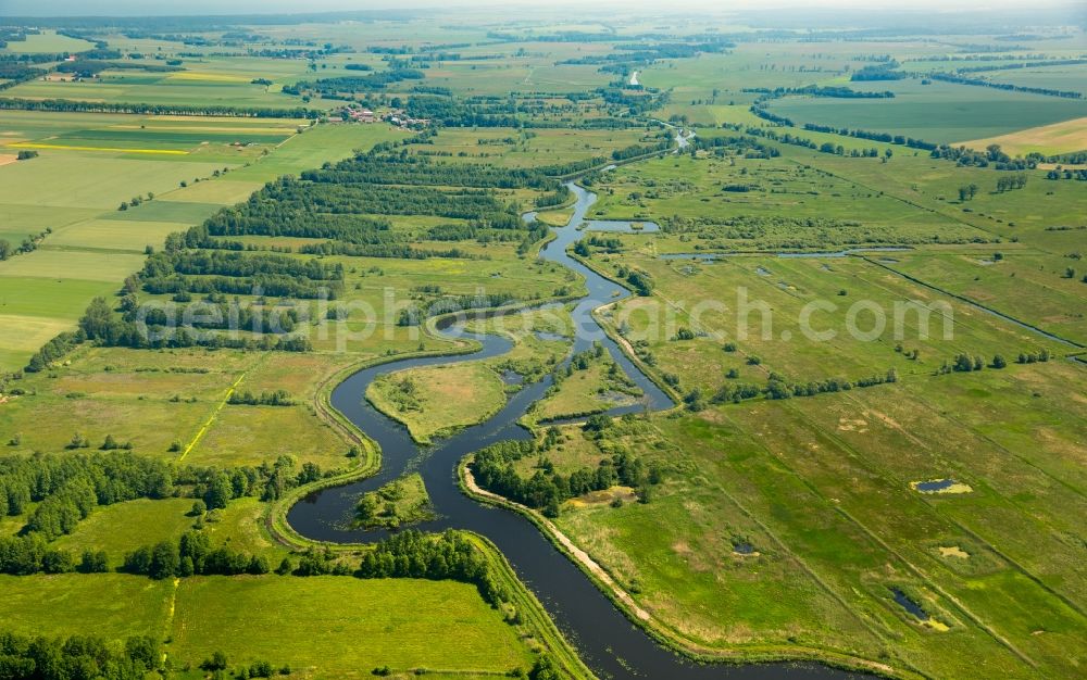 Grabowo from above - Curved loop of the riparian zones on the course of the river Grabow- in Grabowo in West Pomerania, Poland