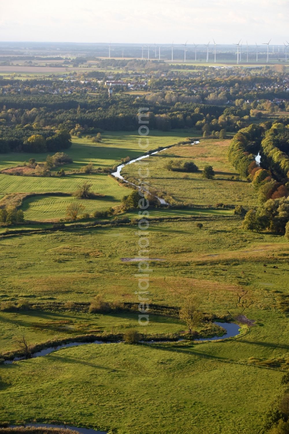 Krewelin from above - Curved loop of the riparian zones on the course of the river Havel in Krewelin in the state Brandenburg, Germany