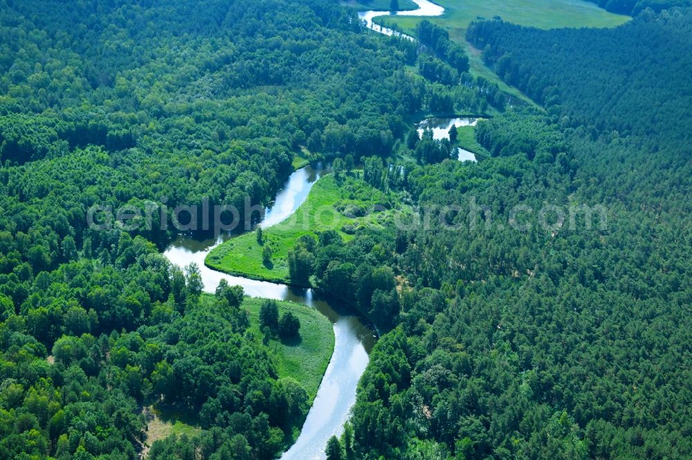 Vogelsang from above - Curved loop of the riparian zones on the course of the river Havel- in Vogelsang in the state Brandenburg, Germany