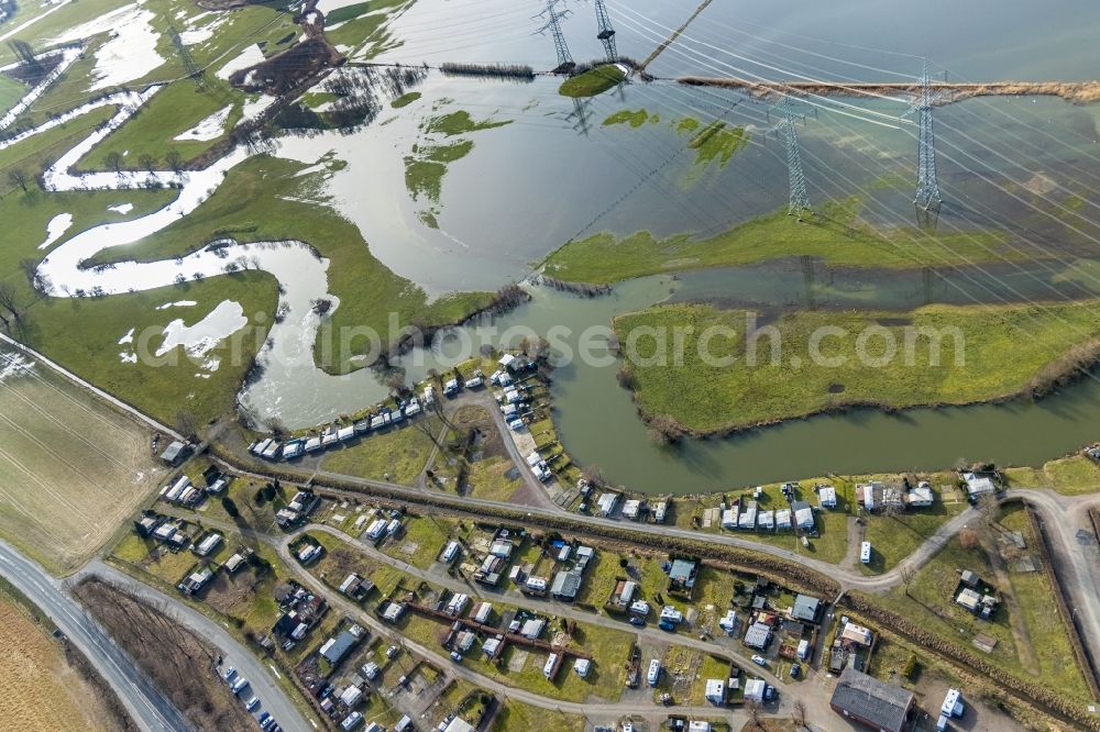 Aerial photograph Norddinker - Shore areas with flooded by flood level riverbed of Lippe in Schmehauser Mersch in Schmehausen at Ruhrgebiet in the state North Rhine-Westphalia, Germany