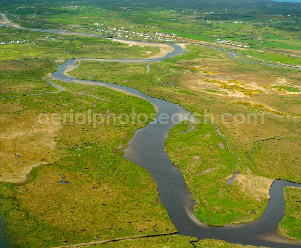 Aerial image Cloonaveige - Curved loop of the riparian zones on the course of the river Inagh River in Cloonaveige in Clare, Ireland