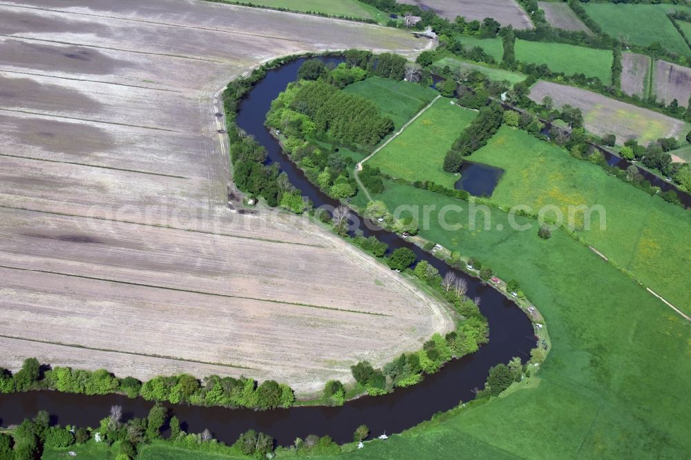 Saint-Denis-de-Pile from the bird's eye view: Curved loop of the riparian zones on the course of the river Isle in Saint-Denis-de-Pile in Aquitaine Limousin Poitou-Charentes, France