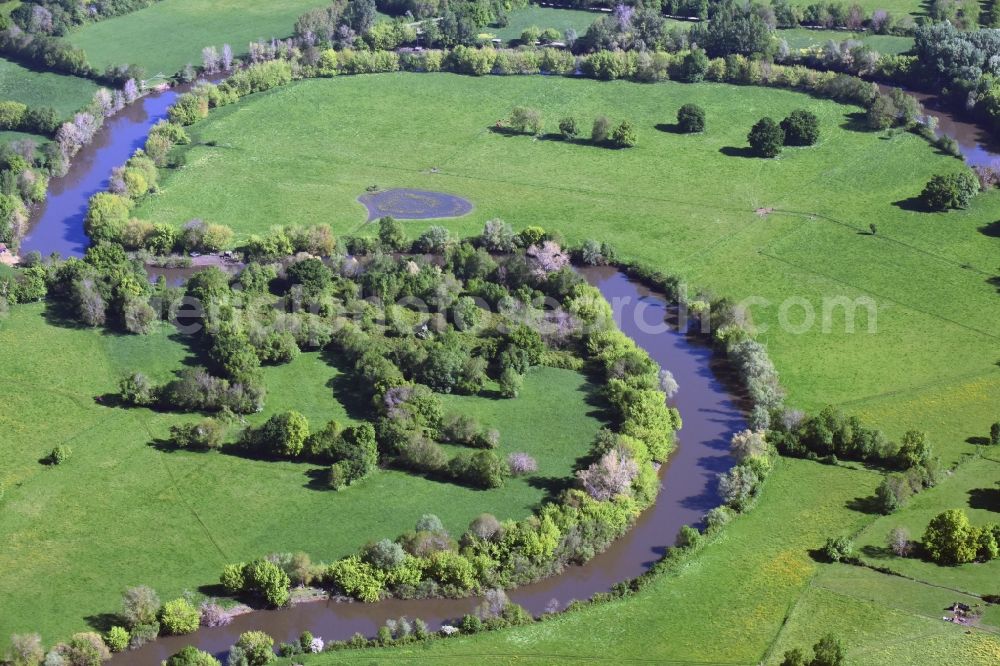 Saint-Denis-de-Pile from above - Curved loop of the riparian zones on the course of the river Isle in Saint-Denis-de-Pile in Aquitaine Limousin Poitou-Charentes, France