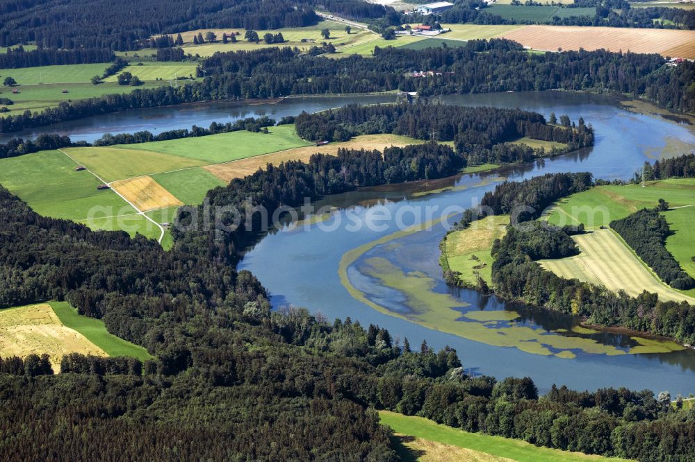 Vilgertshofen from above - Curved loop of the riparian zones on the course of the river Lech on street Schiffahrtweg in Vilgertshofen in the state Bavaria, Germany