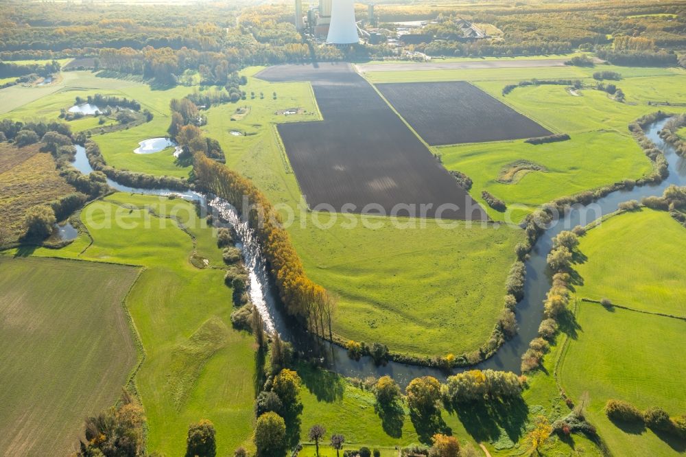 Werne from above - Curved loop of the riparian zones on the course of the river Lippe- in Werne in the state North Rhine-Westphalia, Germany