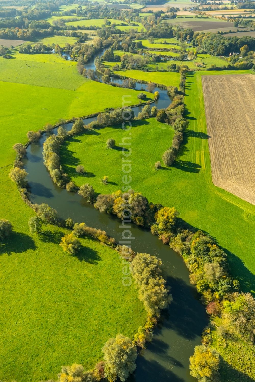 Werne from above - Curved loop of the riparian zones on the course of the river Lippe- in Werne in the state North Rhine-Westphalia, Germany