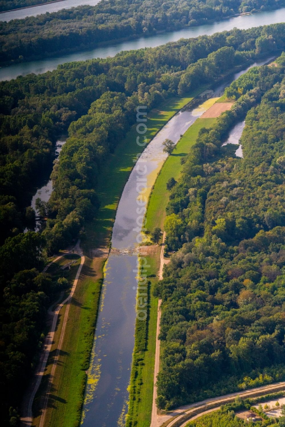 Rheinhausen from the bird's eye view: Curved loop of the riparian zones on the course of the river Nebenfluss zum Rhein in Rheinhausen in the state Baden-Wurttemberg, Germany