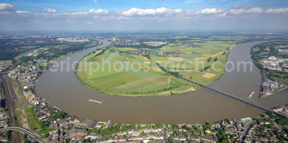 Uerdingen from above - Curved loop of the riparian zones on the course of the river Rhine in Uerdingen in the state North Rhine-Westphalia