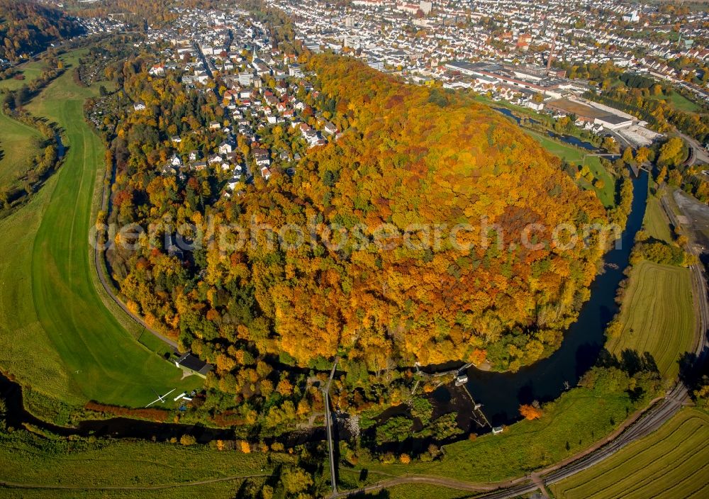 Aerial photograph Arnsberg - Curved ribbons of riparian areas on autumnal colorful Eichholz deciduous forest at the Ruhr arc flux flow in Arnsberg in North Rhine-Westphalia