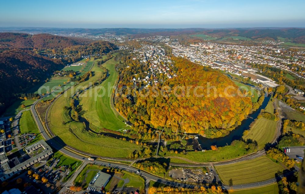 Aerial image Arnsberg - Curved ribbons of riparian areas on autumnal colorful Eichholz deciduous forest at the Ruhr arc flux flow in Arnsberg in North Rhine-Westphalia