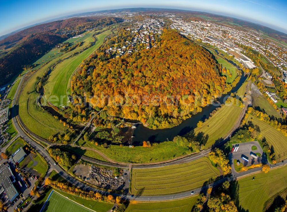 Aerial image Arnsberg - Curved ribbons of riparian areas on autumnal colorful Eichholz deciduous forest at the Ruhr arc flux flow in Arnsberg in North Rhine-Westphalia