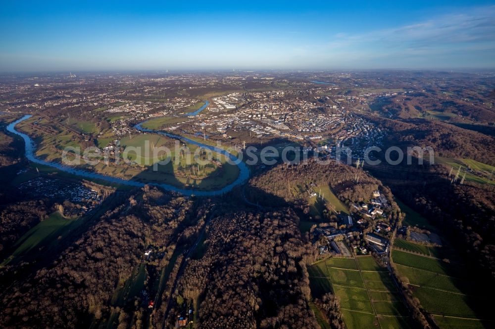 Hattingen from above - Curved loop of the riparian zones on the course of the river Ruhr in Hattingen in the state North Rhine-Westphalia, Germany