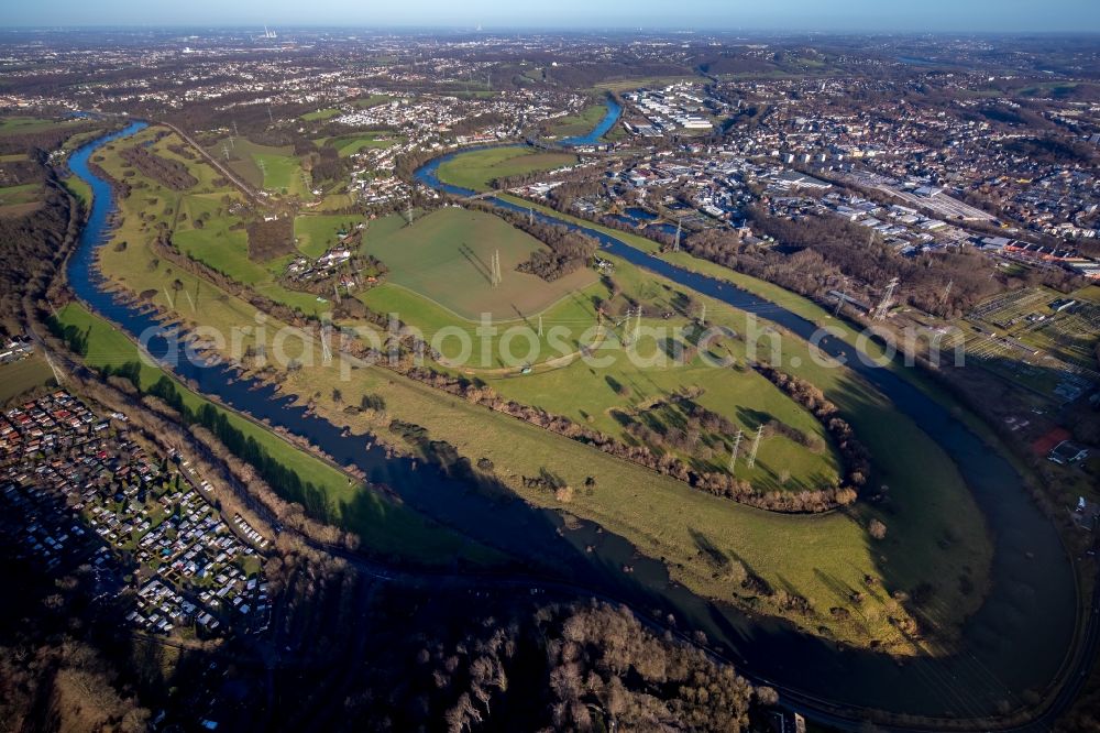 Hattingen from above - Curved loop of the riparian zones on the course of the river Ruhr in Hattingen in the state North Rhine-Westphalia, Germany