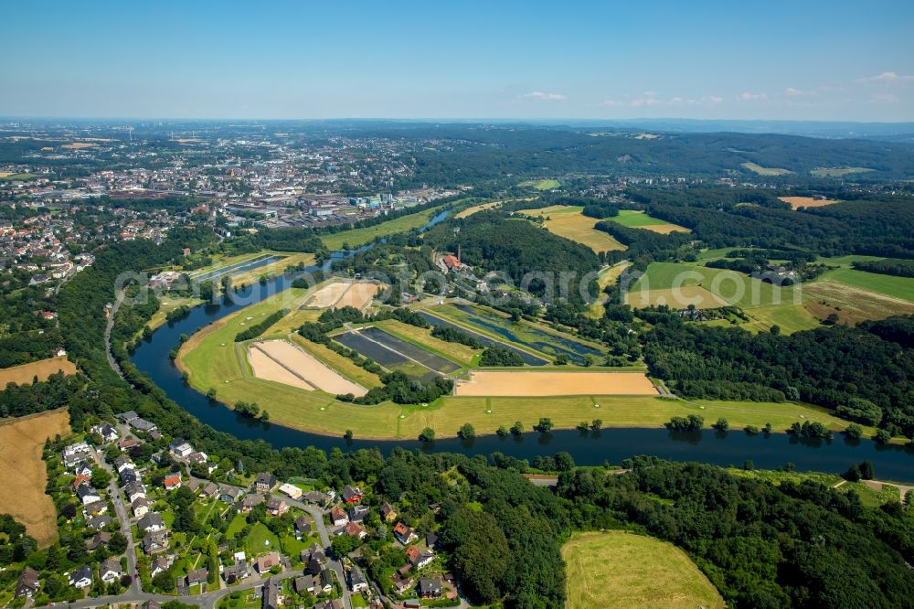 Herbede from above - Curved loop of the riparian zones on the course of the river Ruhr in Herbede in the state North Rhine-Westphalia