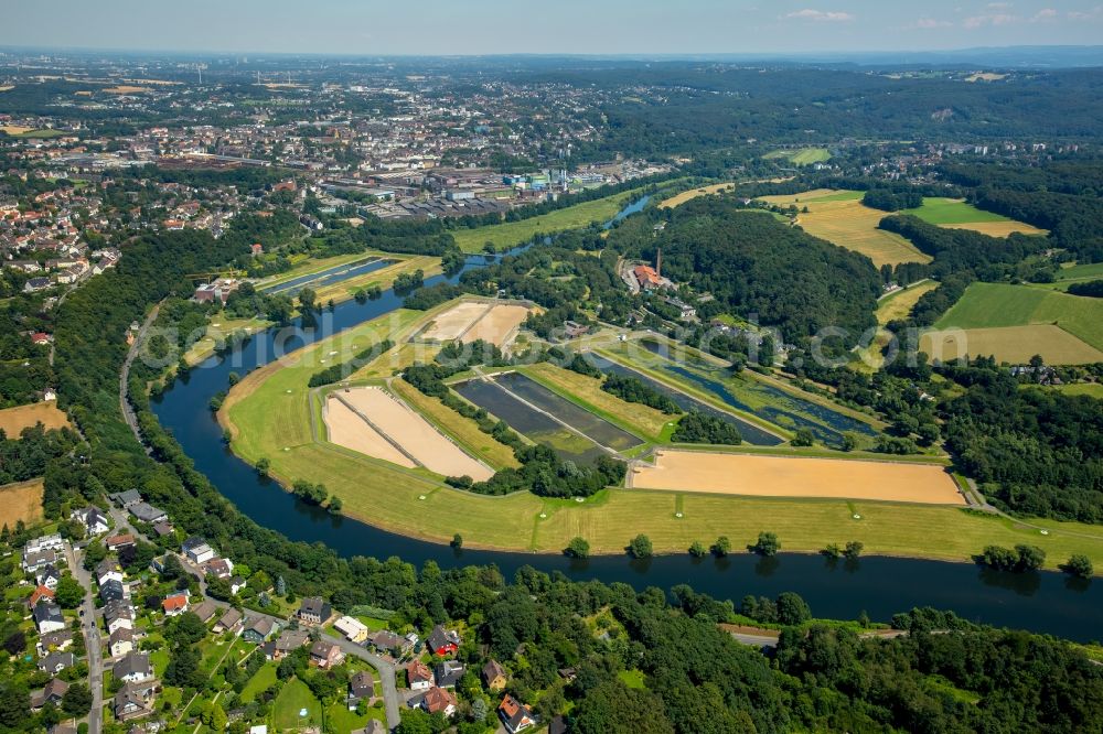 Herbede from the bird's eye view: Curved loop of the riparian zones on the course of the river Ruhr in Herbede in the state North Rhine-Westphalia