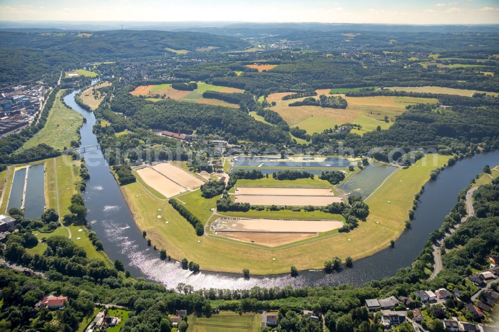 Aerial image Witten - Curved loop of the riparian zones on the course of the river Ruhr in the district Heven in Witten in the state North Rhine-Westphalia, Germany