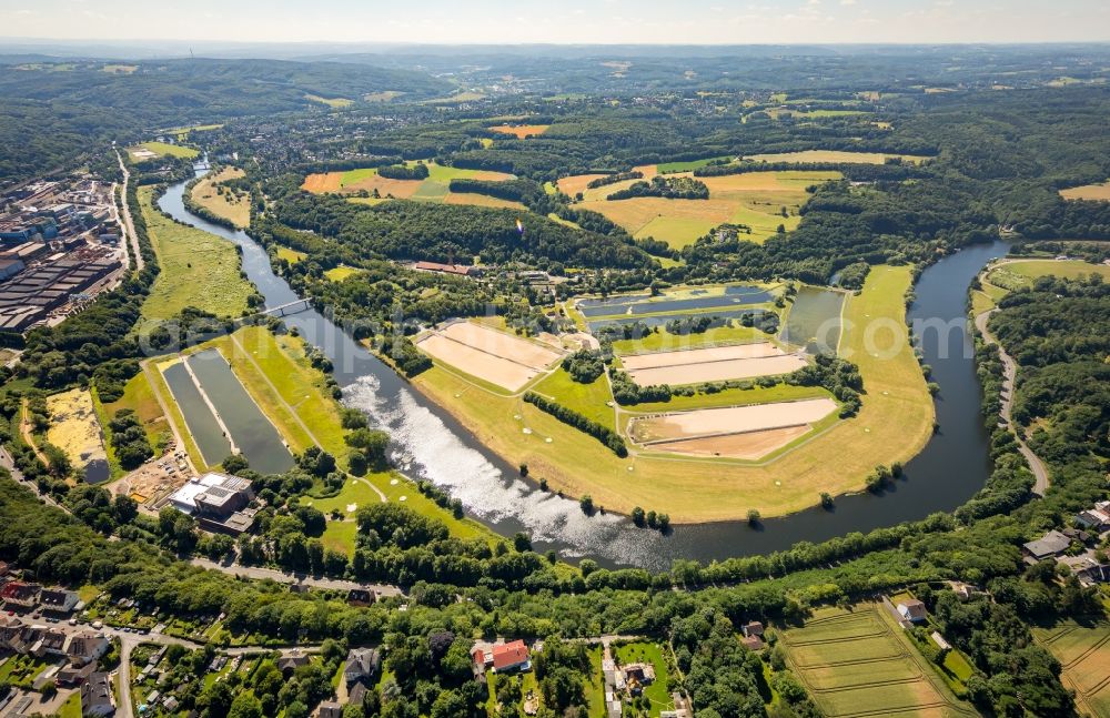 Witten from above - Curved loop of the riparian zones on the course of the river Ruhr in the district Heven in Witten in the state North Rhine-Westphalia, Germany