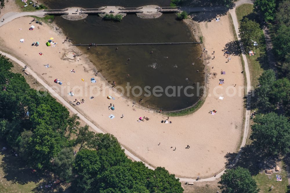 Bremen from above - Sandy beach areas on the Achterdieksee in the district Oberneuland in Bremen, Germany