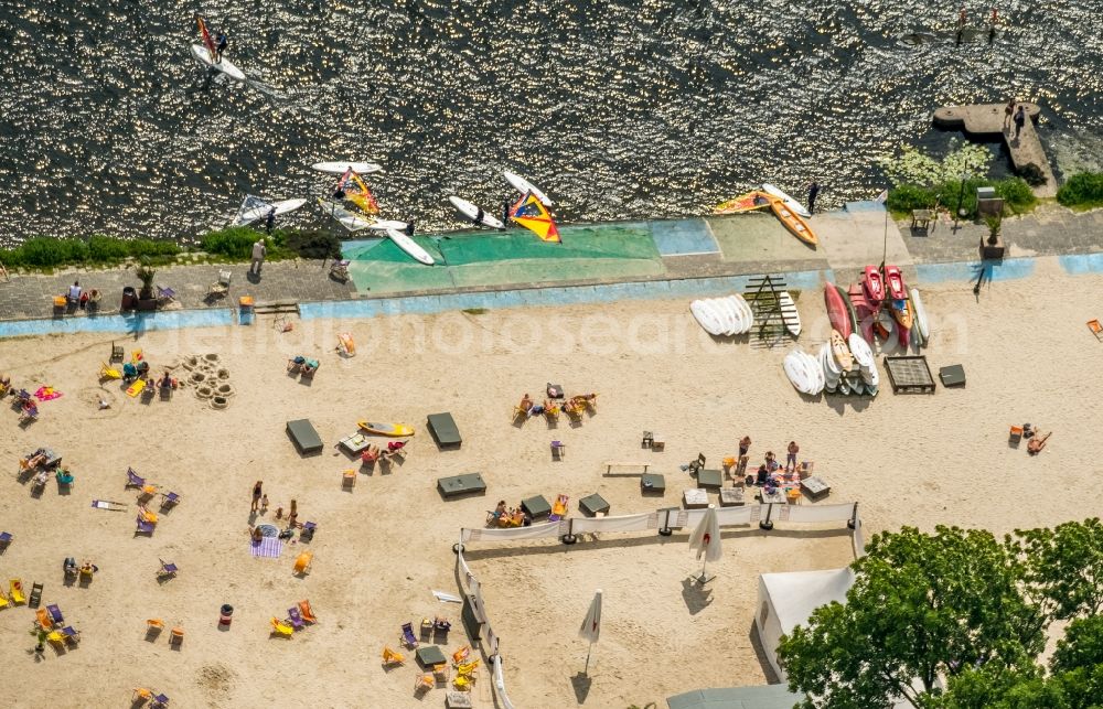 Essen from above - Sandy beach areas on the Baldeneysee in Essen in the state North Rhine-Westphalia, Germany