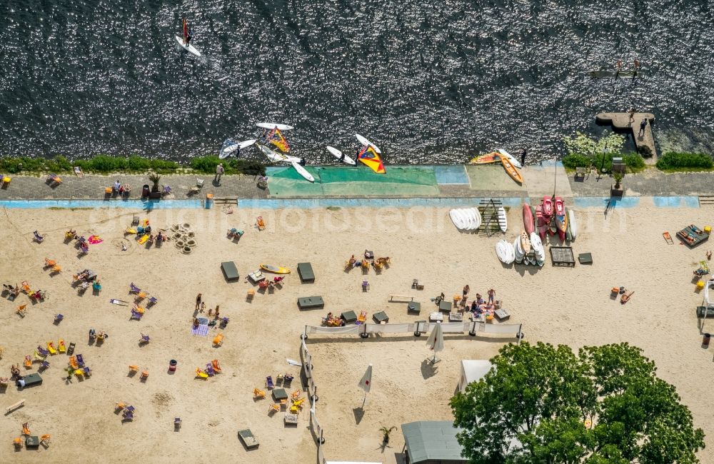 Essen from the bird's eye view: Sandy beach areas on the Baldeneysee in Essen in the state North Rhine-Westphalia, Germany