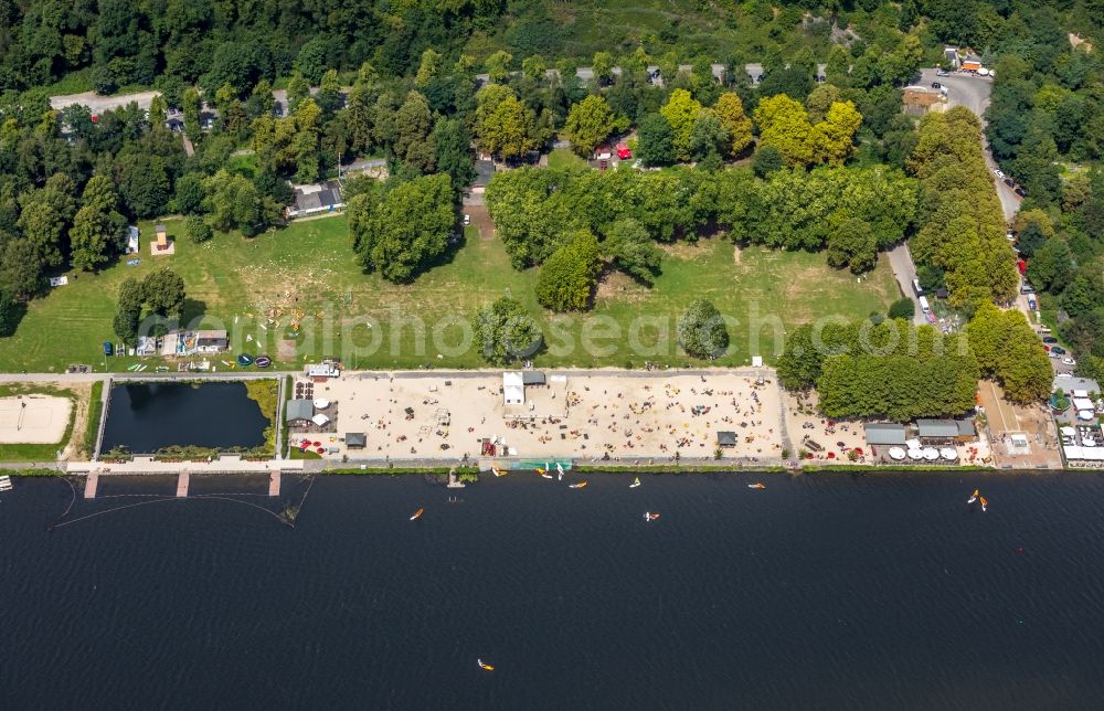 Essen from above - Sandy beach areas on the Baldeneysee in Essen in the state North Rhine-Westphalia, Germany