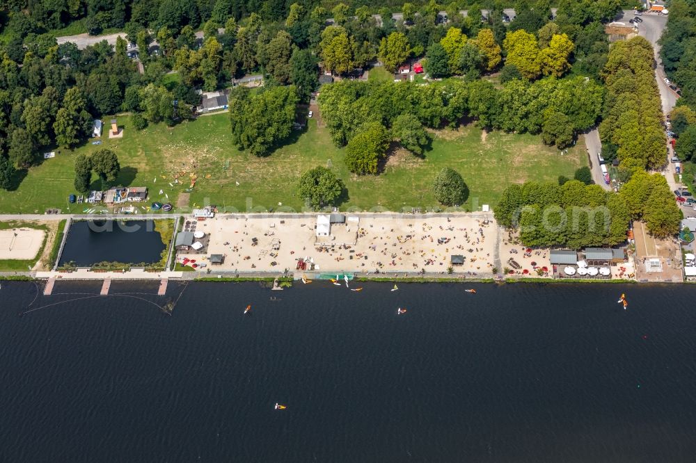 Essen from the bird's eye view: Sandy beach areas on the Baldeneysee in Essen in the state North Rhine-Westphalia, Germany