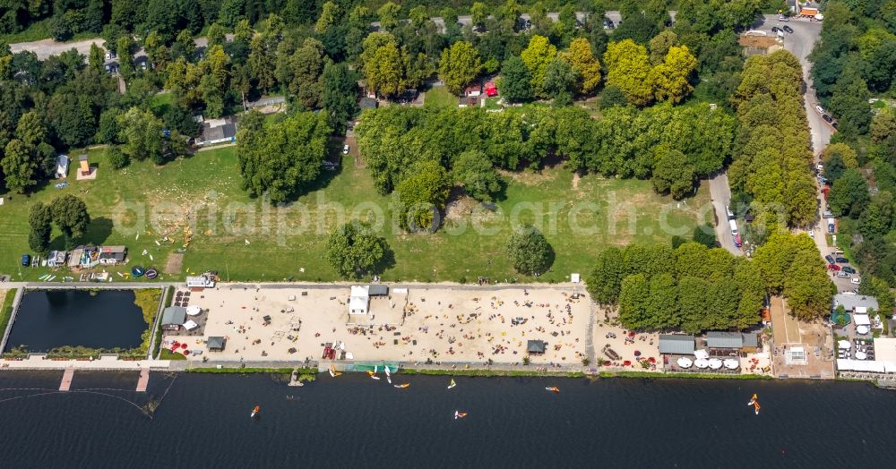 Aerial image Essen - Sandy beach areas on the Baldeneysee in Essen in the state North Rhine-Westphalia, Germany