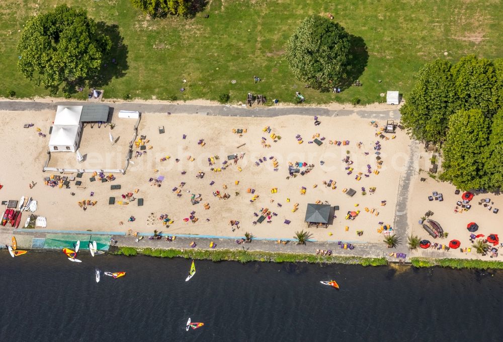 Essen from above - Sandy beach areas on the Baldeneysee in Essen in the state North Rhine-Westphalia, Germany