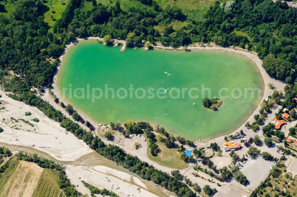 Veynes from the bird's eye view: Sandy beach areas on the Base de Loisirs of Iscles in Veynes in Provence-Alpes-Cote d'Azur, France