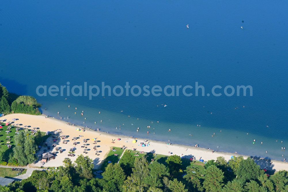 Templin from above - Sandy beach areas on the Luebbesee on street Am Luebbesee in the district Postheim in Templin in the state Brandenburg, Germany