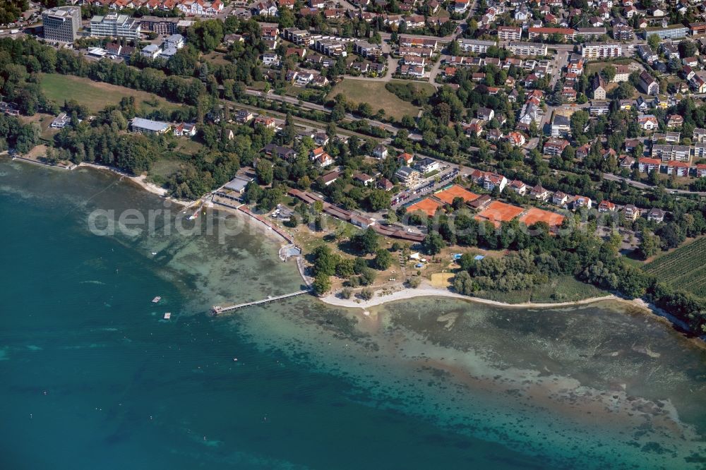 Aerial image Friedrichshafen - Sandy beach areas on the in the district Seemoos in Friedrichshafen in the state Baden-Wurttemberg, Germany