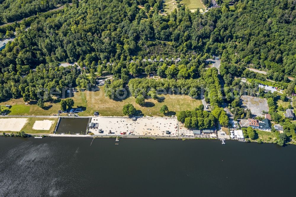 Essen from the bird's eye view: Sandy beach areas on the Seaside Beach Baldeney on Baldeneysee in Essen in the state North Rhine-Westphalia, Germany