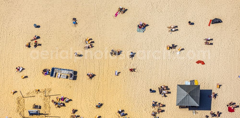 Essen from above - Sandy beach areas on the Seaside Beach Baldeney on Baldeneysee in Essen in the state North Rhine-Westphalia, Germany