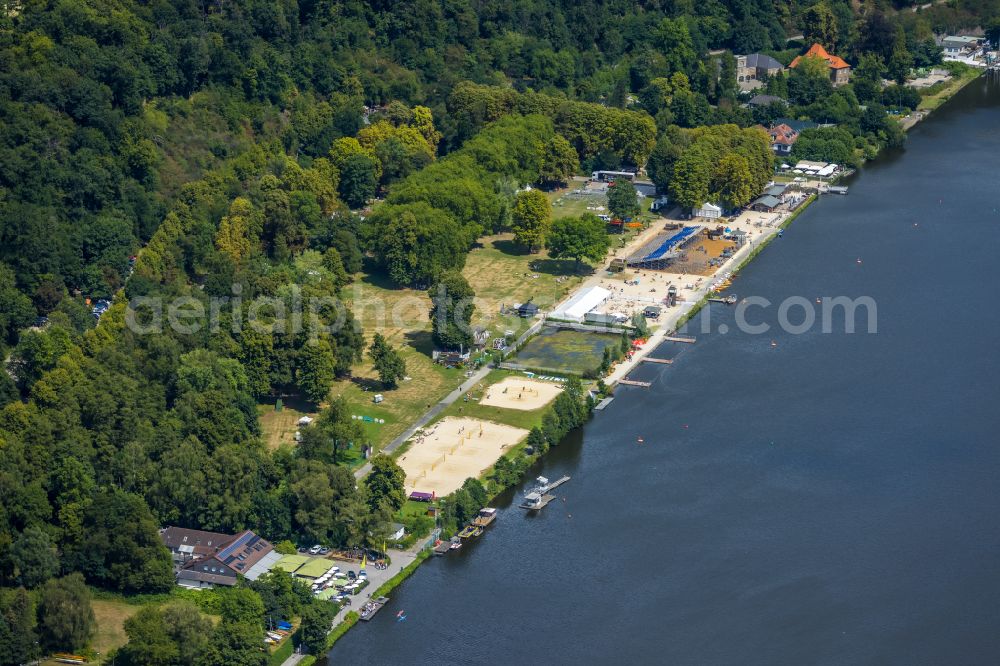 Essen from the bird's eye view: Sandy beach areas on the Seaside Beach Baldeney on Baldeneysee in Essen in the state North Rhine-Westphalia, Germany