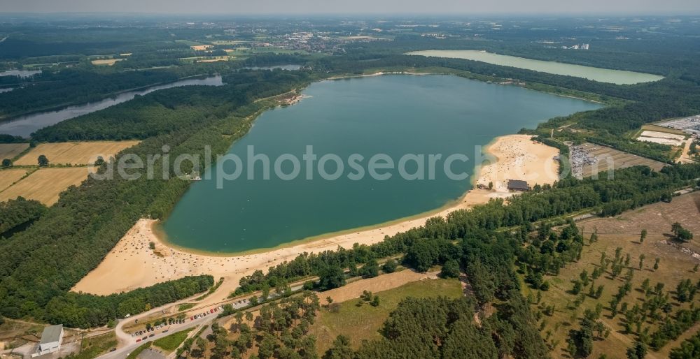 Haltern am See from above - Sandy beach areas on the Silbersee in the district Sythen in Haltern am See in the state North Rhine-Westphalia, Germany