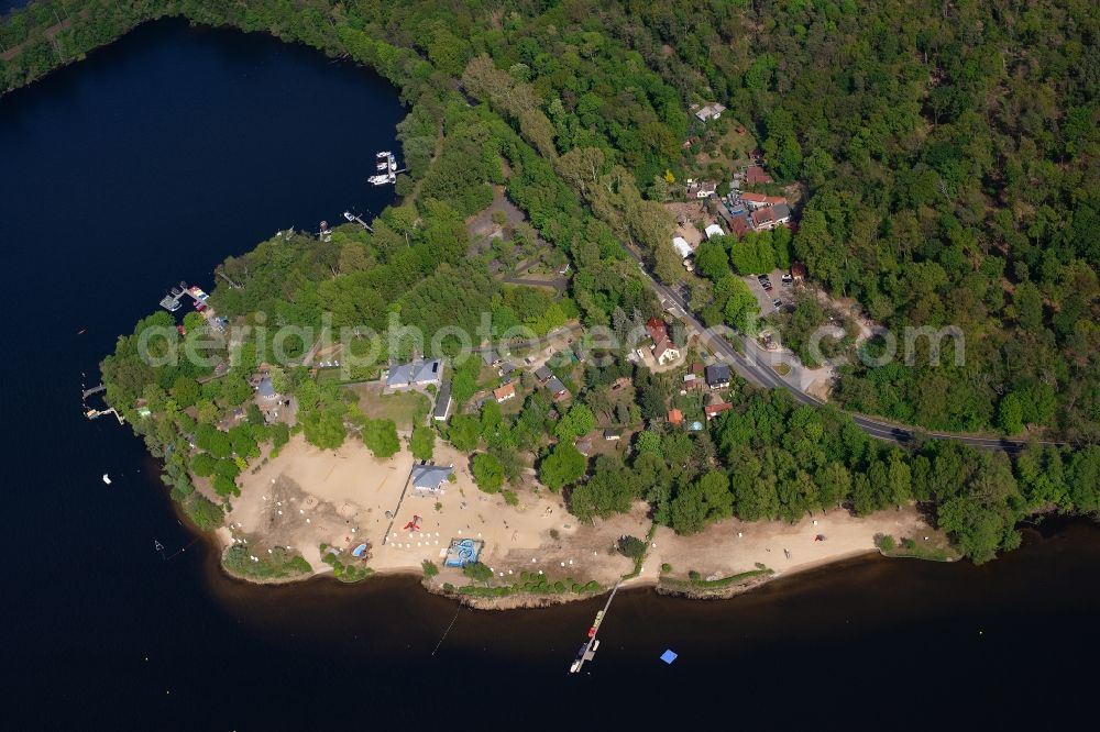 Potsdam from above - Sandy beach areas on the Waldbad Templin in Potsdam in the state Brandenburg, Germany