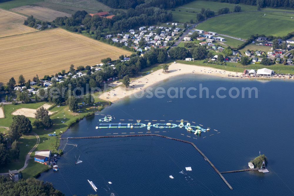 Wachtendonk from above - Sandy beach areas on the Wankumer Heidesee in Wachtendonk in the state North Rhine-Westphalia, Germany