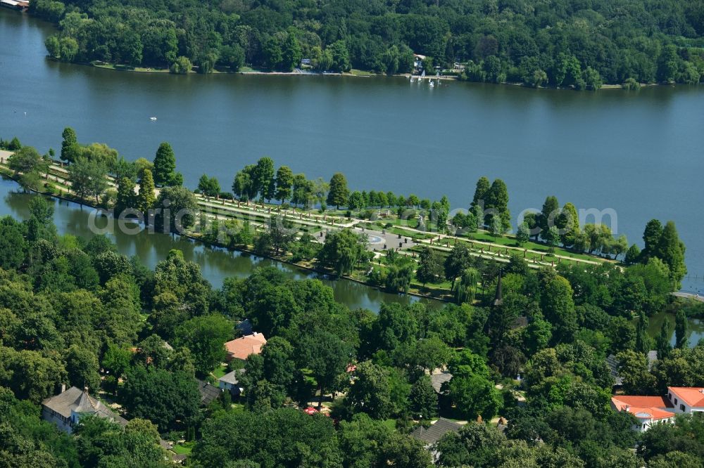 Bukarest from above - Riparian areas on the lake Lacul Herastrau to the parks of the island Insula Trandafinlor in Bucharest, Romania