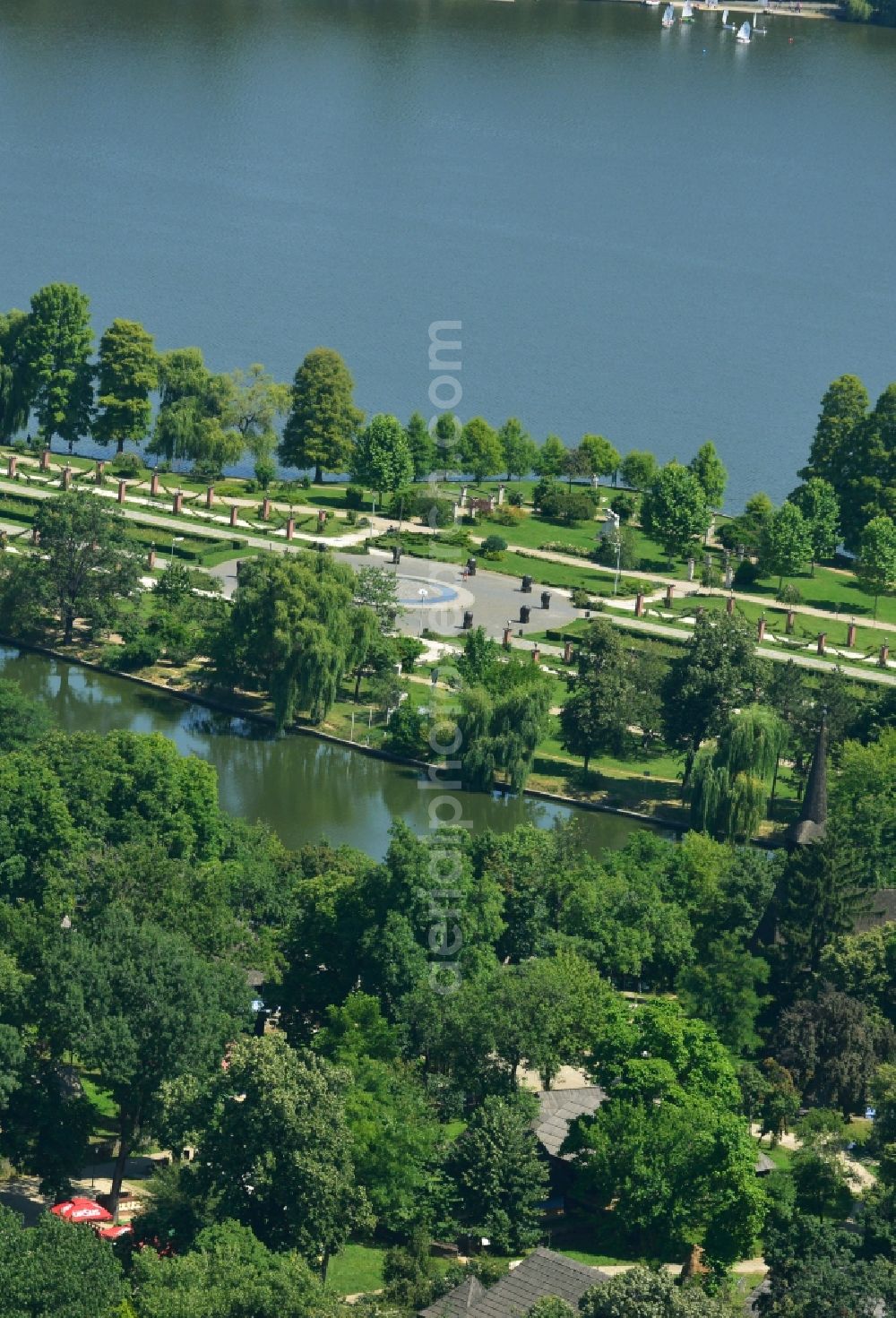 Bukarest from the bird's eye view: Riparian areas on the lake Lacul Herastrau to the parks of the island Insula Trandafinlor in Bucharest, Romania