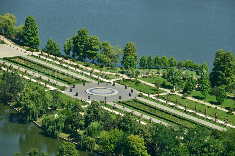 Bukarest from above - Riparian areas on the lake Lacul Herastrau to the parks of the island Insula Trandafinlor in Bucharest, Romania