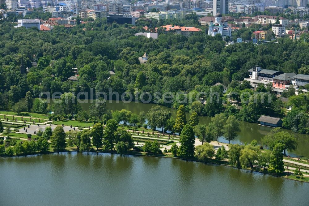 Bukarest from above - Riparian areas on the lake Lacul Herastrau to the parks of the island Insula Trandafinlor in Bucharest, Romania