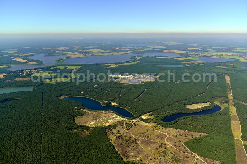 Waldfrieden from above - Riparian areas on the lake area of Kleiner Griesensee and Grosser Griesensee in a forest area in Waldfrieden at Mark in the state Brandenburg, Germany