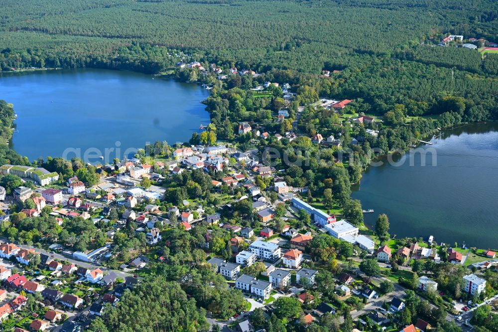 Grünheide (Mark) from above - Riparian areas on the lake area of Werlsee and Peetzsee in Gruenheide (Mark) in the state Brandenburg, Germany