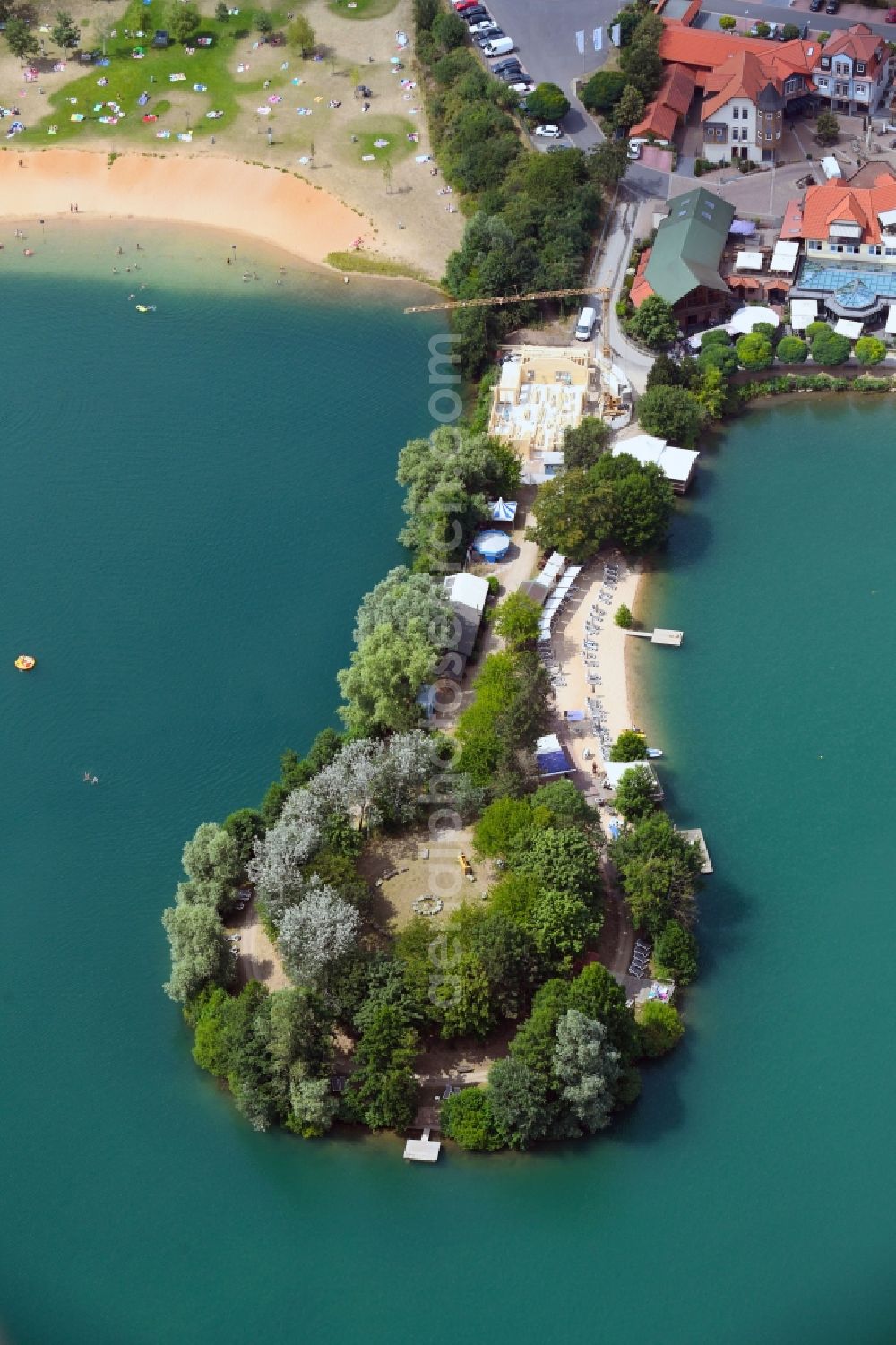 Niedernberg from above - Riparian areas on the lake area of Badesee in Niedernberg in the state Bavaria, Germany