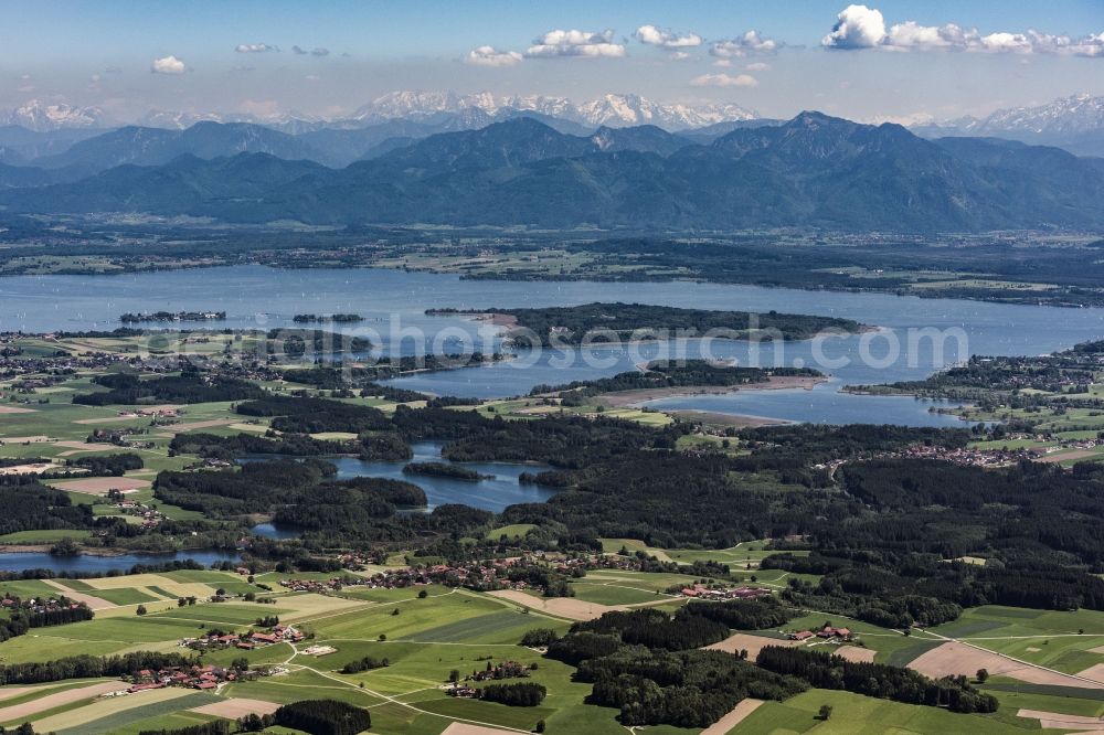 Aerial image Breitbrunn am Chiemsee - Riparian areas on the lake area of Chiemsee in Breitbrunn am Chiemsee in the state Bavaria, Germany