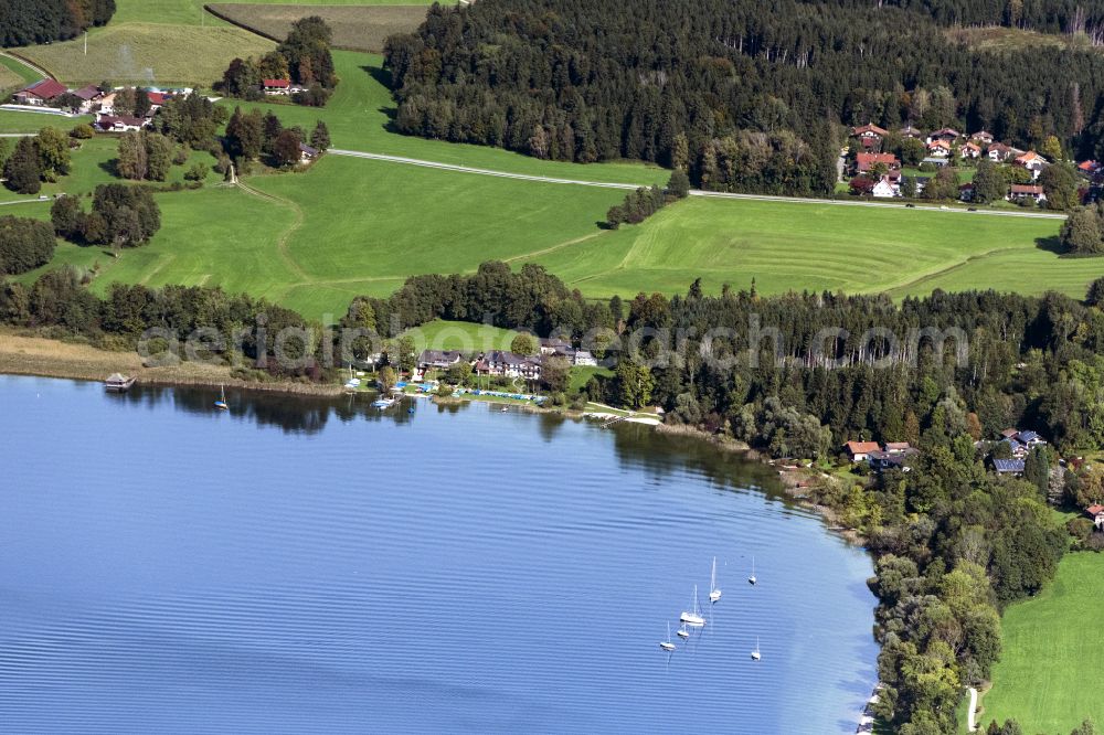 Breitbrunn am Chiemsee from above - Riparian areas on the lake area of Chiemsee in the Kailbachbucht in Breitbrunn am Chiemsee in the state Bavaria, Germany