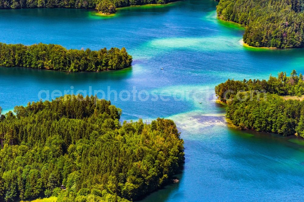 Rimsting from the bird's eye view: Riparian areas on the lake area of Chiemsee in Rimsting in the state Bavaria, Germany