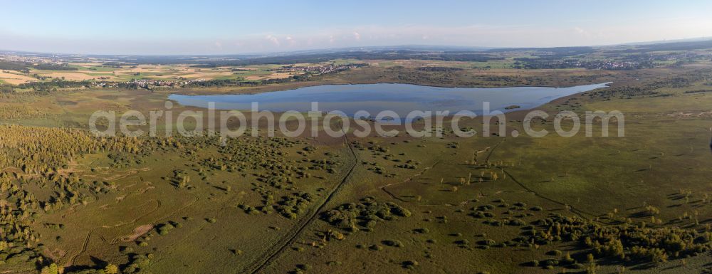 Federsee from above - Riparian areas on the lake area of Federsee in Federsee in the state Baden-Wuerttemberg, Germany