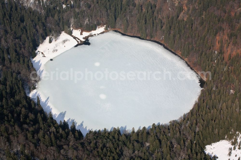 Feldberg (Schwarzwald) from above - Riparian areas and ice on the lake Feldsee in Feldberg (Schwarzwald) in the state Baden-Wuerttemberg