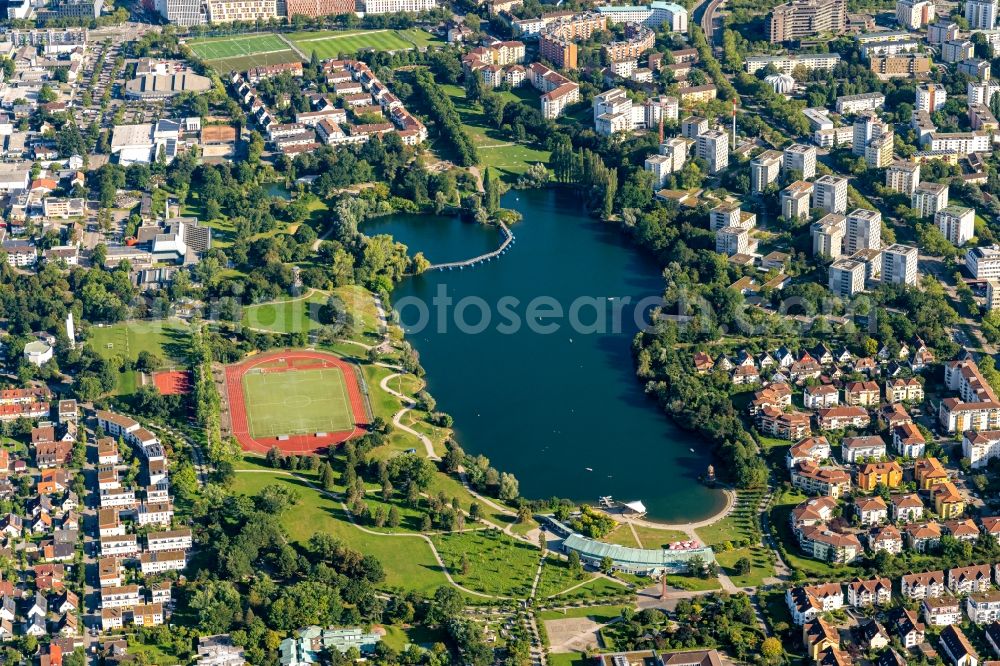 Freiburg im Breisgau from above - Riparian areas on the lake area of Flueckigersee in Freiburg im Breisgau in the state Baden-Wurttemberg, Germany